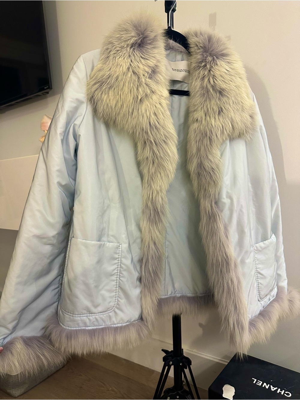 Ermanno Scervino Light Blue Faux Fur Trim Women's Jacket